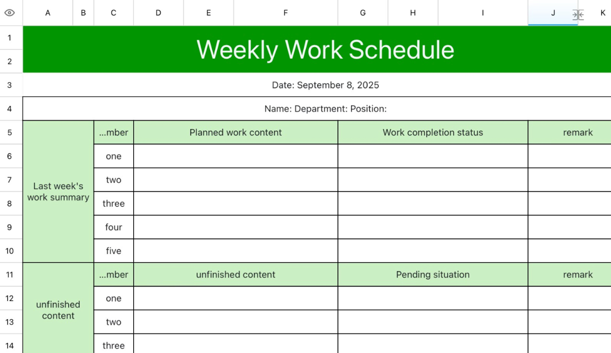General weekly work schedule